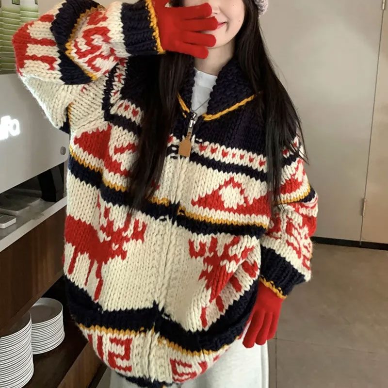 Winter Clothing Colors - Christmas Vintage Elk Knitted Cardigan Women's