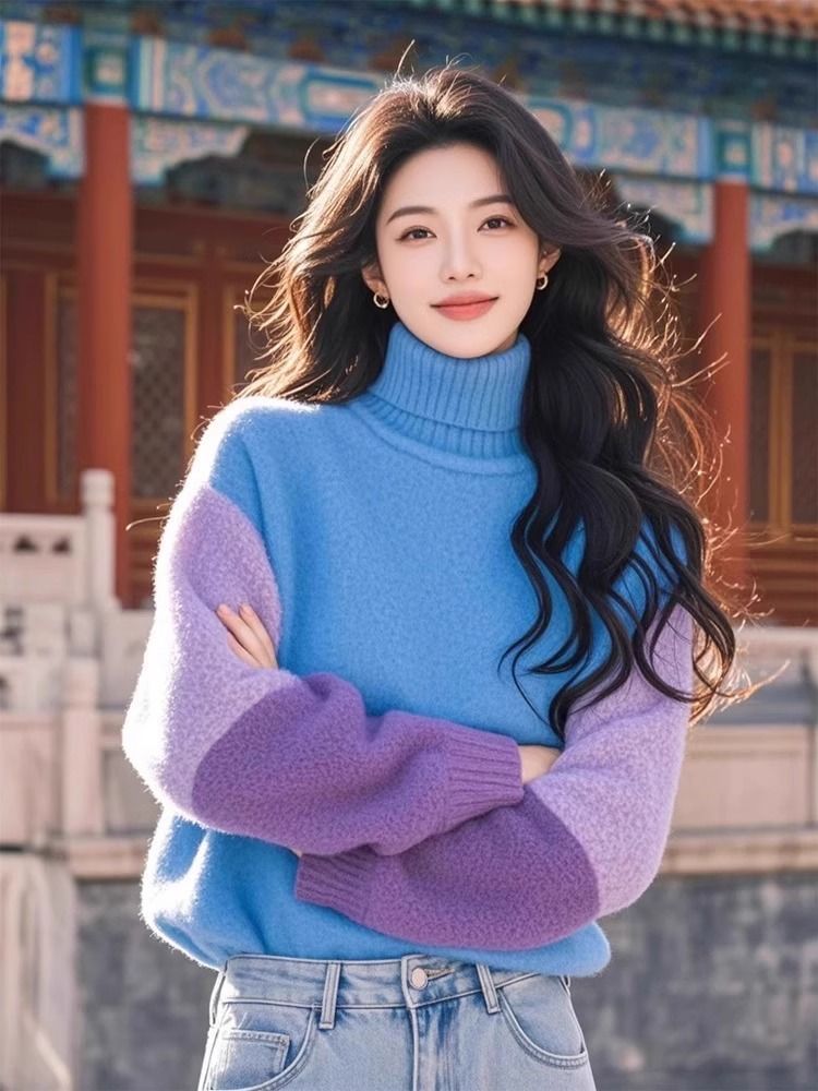 Winter Clothing Colors - Stylish Contrasting Colors Spliced Sweaters Vintage