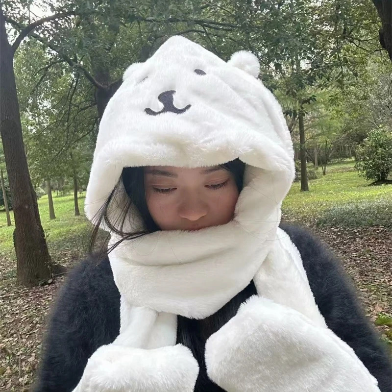 3 In 1 Plush Thick Hooded Hat  - Winter Clothing Cute 评论和价格