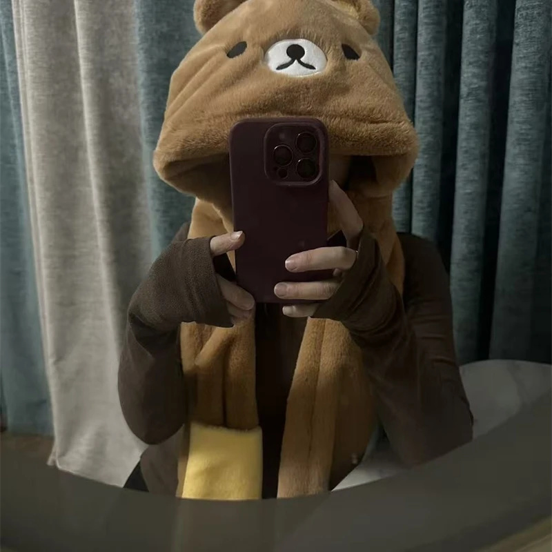 3 In 1 Plush Thick Hooded Hat  - Winter Clothing Cute 评论和价格