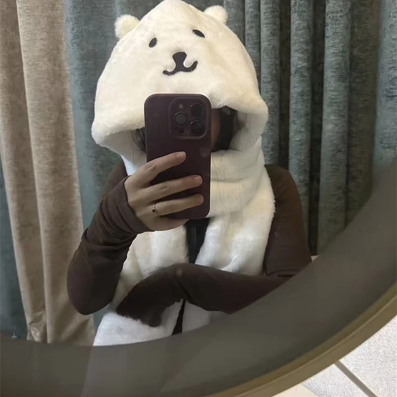 3 In 1 Plush Thick Hooded Hat  - Winter Clothing Cute 评论和价格
