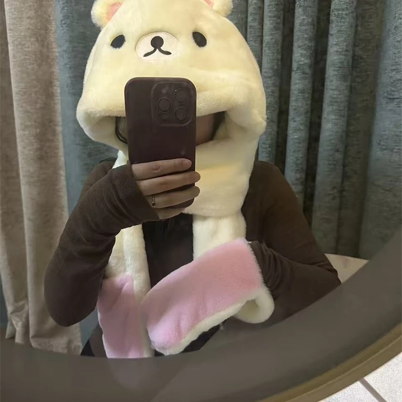 3 In 1 Plush Thick Hooded Hat  - Winter Clothing Cute 评论和价格